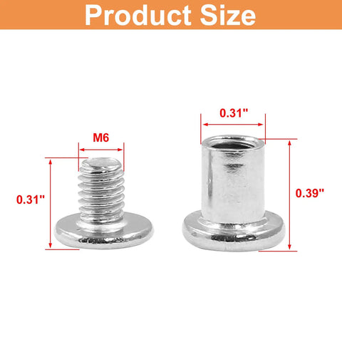 Straight Up Premium M6 X 8mm Screw Post Binding Screws For Leather Crafting And Bookbinding With Hex Key, Set Of Twelve Rust Proof Stainless Steel Fasteners, showing size and dimensions.