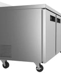 Heavy-Duty 72 Inch Commercial Refrigerator Featuring Three Door Stainless Steel Worktop Design With Reinforced Backsplash And Top Shelf 16.9 Cubic Feet Cool Storage Capacity side view showing stainless steel finish and swivel casters.