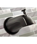 Close-up of NuvoFusion Double-Handle Tub And Shower Faucet in polished brass, wall mount installation on tiled backsplash.