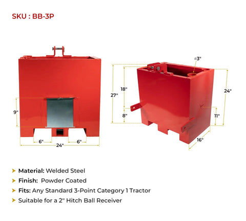 Beefy 3 Point Hitch Tractor Ballast Box With 800 Lbs Capacity, Heavy Duty Welded Steel Construction, 2 Inch Quick Hitch Receiver
