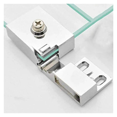 Close-up of rotating concealed hinges for glass cabinet doors 4 pack easy install hidden door hardware with protective gasket.