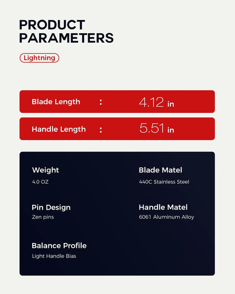 Product specifications for Lightning Washer System Butterfly Balisong Trainer with 6061 aluminum handle and zen pins.