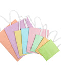 Assorted pastel gift bags with handles, 8 pack, varied sizes, eco-friendly paper for weddings, baby showers, and more.