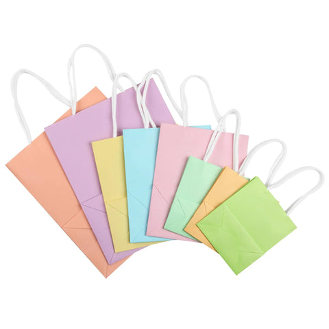 Assorted pastel gift bags with handles, 8 pack, varied sizes, eco-friendly paper for weddings, baby showers, and more.