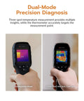 Thermal Imaging Camera With AI Scene Detection And Thermometer Mode For Home And Electrical Inspections, hand-held screen showing dual-mode readings