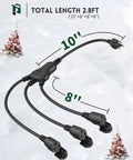 Outdoor Extension Cord With One To Three Outlet Splitter Built Tough All Weather 16 Gauge Three Conductor SJTW Waterproof Cable 125 Volt 13 Amp ETL Listed For Indoor And Outdoor Use, showing 2.8 ft total length with one plug and three outlets on a snowy background.