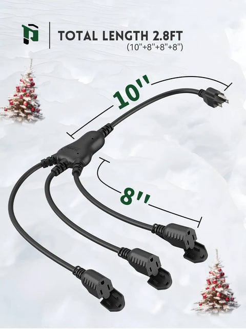 Outdoor Extension Cord With One To Three Outlet Splitter Built Tough All Weather 16 Gauge Three Conductor SJTW Waterproof Cable 125 Volt 13 Amp ETL Listed For Indoor And Outdoor Use, showing 2.8 ft total length with one plug and three outlets on a snowy background.