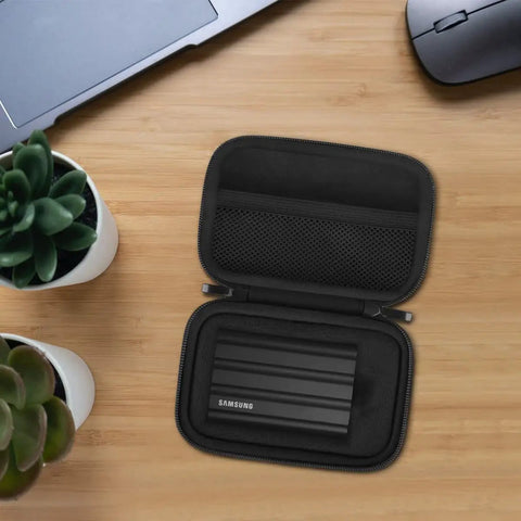 Hard EVA Carrying Case For Samsung T7 Shield T7 And T7 Touch Portable SSDs 500GB Through 4TB USB 3.2, open on desk
