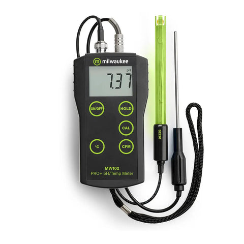 Portable pH and Temperature Meter With Auto Temperature Compensation From Negative Two To Sixteen pH Range Dual Point Calibration High Accuracy Plus Or Minus 0.02 pH Gel Filled Double Junction LCD Readout Fast Readings For Lab Field And Home Use displaying a pH reading.