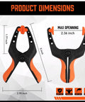 Two HORUSDY 5-inch clamps shown in front and side views; orange grips; max jaw opening 2.36 inches.