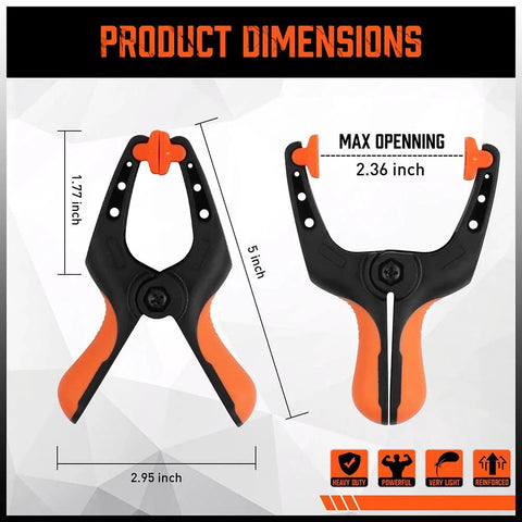 Two HORUSDY 5-inch clamps shown in front and side views; orange grips; max jaw opening 2.36 inches.