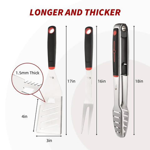 Heavy Duty 4 Piece Barbecue Tools Set With Stainless Steel Spatula Fork And Tongs Plus Free Portable Storage Bag dimensions.