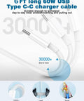Close-up of 6ft long 60W USB Type C-C charger cable demonstrating durability in bend test with detail views
