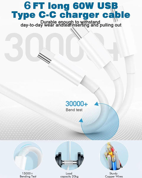 Close-up of 6ft long 60W USB Type C-C charger cable demonstrating durability in bend test with detail views