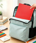 Hand placing red folder into backpack featuring Six Pack 3 Hole Pocket Folders With Card Slots For 3 Ring Binders Colorful 2 Pocket
