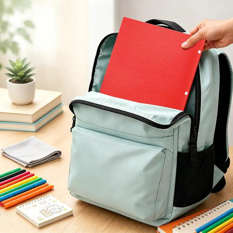 Hand placing red folder into backpack featuring Six Pack 3 Hole Pocket Folders With Card Slots For 3 Ring Binders Colorful 2 Pocket