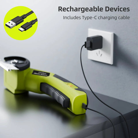 Heavy Duty Cordless Electric Cutter With 4V Rechargeable Battery And Two Sharpened Rotary Blades charging with USB Type-C cable.