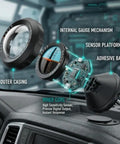 Straight Up Dead On Digital Slope Meter And Vehicle Tilt Gauge with major components labeled, showing outer casing, internal gauge, and adhesive base.