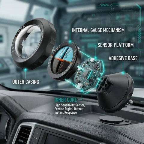 Straight Up Dead On Digital Slope Meter And Vehicle Tilt Gauge with major components labeled, showing outer casing, internal gauge, and adhesive base.