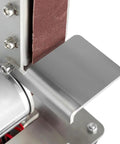 Detail of stainless steel base and sanding belt of the Cool Mini Bench Grinder And Sander Machine with stainless steel build.