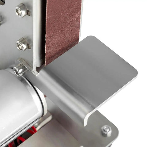 Detail of stainless steel base and sanding belt of the Cool Mini Bench Grinder And Sander Machine with stainless steel build.