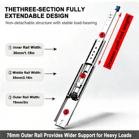 Heavy Duty Side Mount Locking Drawer Slides With Full Extension, 1 Pair, Smooth Ball Bearing Action For RV Cabinets, Trucks, And Industrial Drawers, No Hassle Install And Unobstructed Access To Back Items, 76mm outer rail