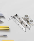 Top Notch Two Piece Stainless Steel Barn Door Roller Hardware With Foolproof Wall Mounted Track And Heavy Duty Wheels For Tight Rooms And Hassle Free Install with rollers and tools