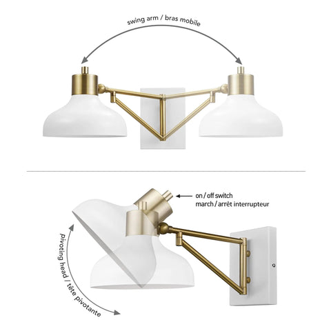 1 Light Plug In Or Hardwire Swing Arm Wall Sconce With White Finish Brass Accents White Cloth Cord Mounted Bedside Lamp For Bedroom Or Kitchen Sconces Bulb Not Included, showing adjustable brass arms and on/off switch.