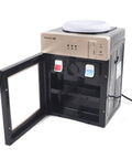 Hot And Cold Tabletop Water Cooler Dispenser For 5 Gallon Bottles, One Button Operation, open view showing interior and controls