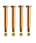 Quick Fix No Sweat Heavy Duty Deck Wheel Shoulder Bolts With Lock Nuts Solid Lawn Mower Repair includes four golden shoulder bolts and nuts.
