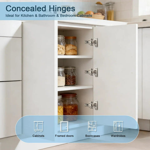 Top Rated Hidden Kitchen Cabinet Door Hinges For Full Overlay Doors With Smooth Self Closing Action and Quick Clip On Install, installed on a cabinet.