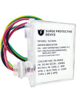 Whole House HVAC Surge Protector With TPMOV Tech in clear enclosure showing surge protective device label and wiring