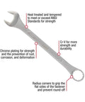 Close-up of wrench with labeled features including chrome plating, Cr-V material, and radius corners. Jumbo Fractional And SAE Combination Wrench Set For Big Bolts, 7 Piece With Roll Case, Heavy Duty Jumbo Wrenches With Radius Corner Design To Prevent Round Off, Chrome Plated For Rust Resistance And Easy Identification.