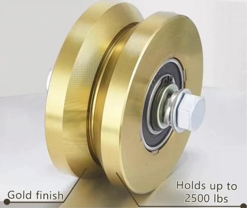 Heavy Duty 4 Inch Sliding Gate Rollers Kit With V Track Wheel And V Groove, 2500 Lb Capacity, gold finish, double bearings.
