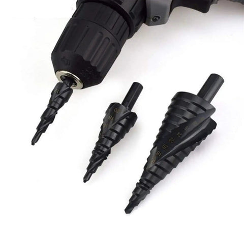 Heavy Duty 3 Piece Coated Cone Spiral Step Drill Bit Set With Triangle Shank For Metal Drilling And Hole Sawing Kits Ranging From 4 To 32 Mm Perfect Pro Grade Power Tools, black coated bits