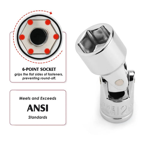 Nineteen Piece Quarter Inch Drive Universal Joint Socket Set With Swivel Wobble, Six Point, Chrome Vanadium CR-V Steel, ANSI standard