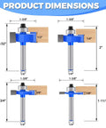 Rabbeting Router Bits Set For Precise Rabbet Slots, 1/4 Inch Shank, 4-Piece Carbide Tipped Kit with dimensions shown for each bit