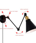 Two Light Dimmable Industrial Wall Sconce With On Off Switch Edison Vintage Style Swing Arm Lamp Bronze Head And Black Lampshade adjustable angles