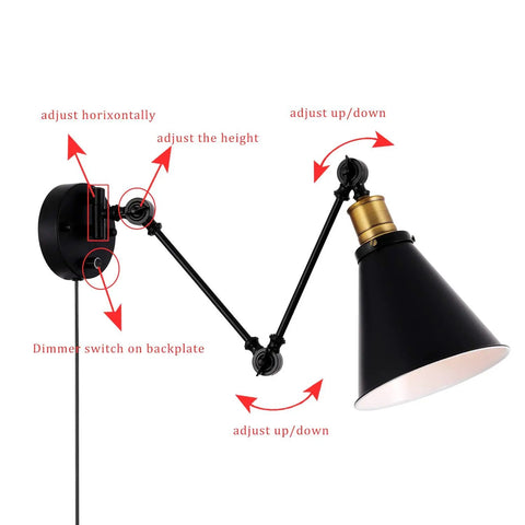 Two Light Dimmable Industrial Wall Sconce With On Off Switch Edison Vintage Style Swing Arm Lamp Bronze Head And Black Lampshade adjustable angles