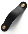 Close-up of Black Leather Drawer Pulls 6 Pack 6.3 Inch Long Leather Handles for cabinet with gold screws