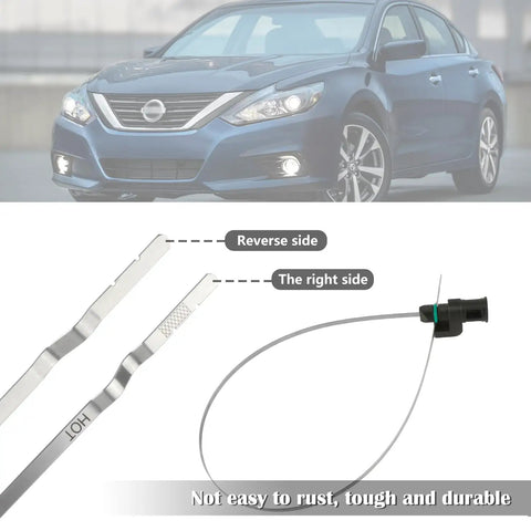 CVT Transmission Dipstick For Nissan Altima Quest And More 21.65 Inch Length Oil Level Indicator Gauge Replacement OEM 31086-JA00A 31086-JA000 Fits Maxima Murano Rogue 2006-2022 showing front and back view with car background.