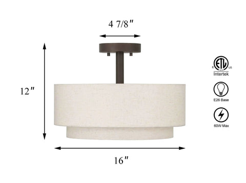 Three Light Drum Semi Flush Ceiling Light Fixture With Fabric Shade In Dark Bronze Finish For Bedroom And Living Room Sleek Modern Close-To-Ceiling Lighting