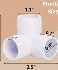 32 Pack One Half Inch 3 Way PVC Fittings Furniture Grade Elbow Connectors with dimensions labeled for DIY shelves and frames