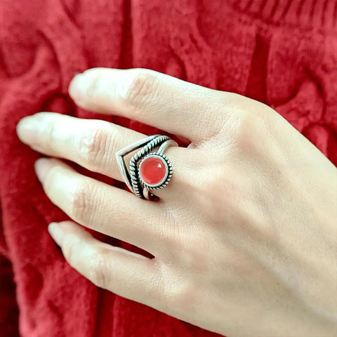 Red Agate Stone V Shape Chevron Ring In Retro Stainless Steel 8mm Wide Band With Natural Quartz Crystal Gem on hand