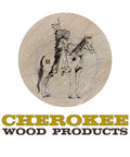 Cherokee Wood Products logo featuring rider on horse and engraved wood background.