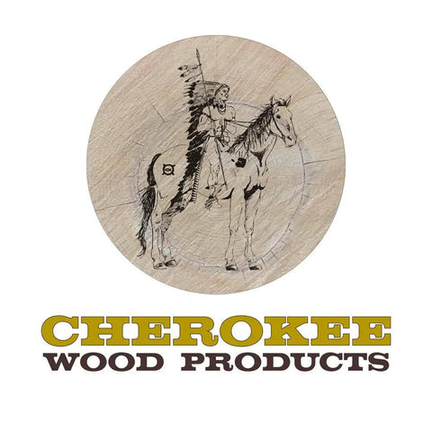 Cherokee Wood Products logo featuring rider on horse and engraved wood background.