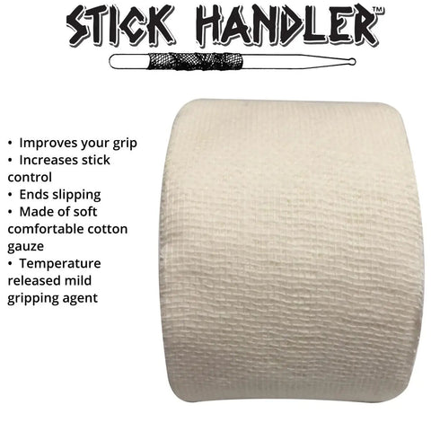 Pro Level Cotton Gauze Drumstick Grip Tape Three Pack White Non Slip Stick Control Wrap showing roll made of soft cotton gauze.