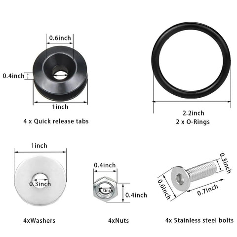 Universal Car Bumper Quick Release Kit With Billet Aluminum Fasteners And O Ring Seal components with sizes shown