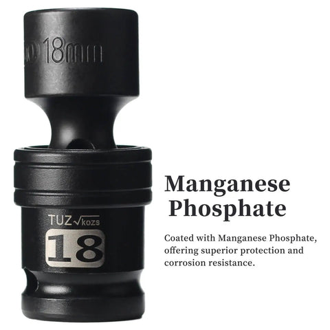 Half Inch Drive 18mm Metric Shallow Universal Swivel Impact Socket 6 Point CR MO Chrome Moly For Heavy Duty Auto Tools Built Tough Premium Impact Grade Chrome Finish With 360 Degree Flexible Reach, 18mm manganese phosphate socket