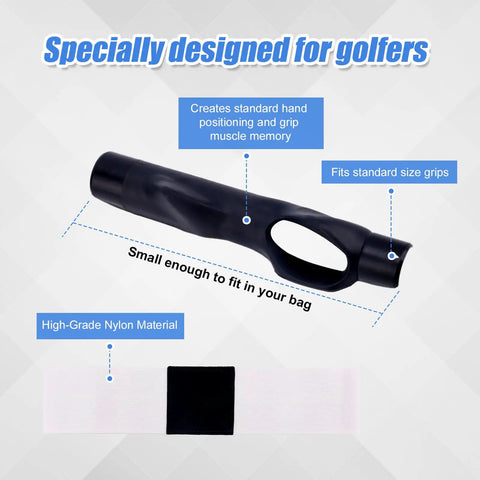 Golf Grip Trainer Attachment And Swing Correcting Arm Band For Righties And Lefties A Handy Training Aid To Improve Hand Positioning Swing Mechanics Muscle Memory And Daily Practice Warmups, black grip trainer and white band set on display with text annotations.